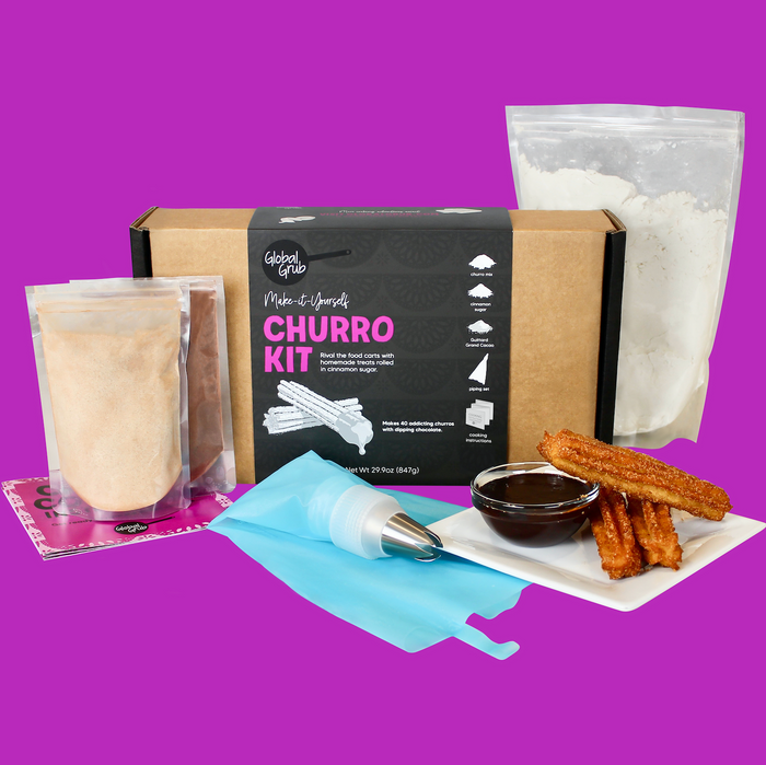 Churro Kit includes churro mix, cinnamon sugar, chocolate dipping mix, piping set, detailed cooking instructions