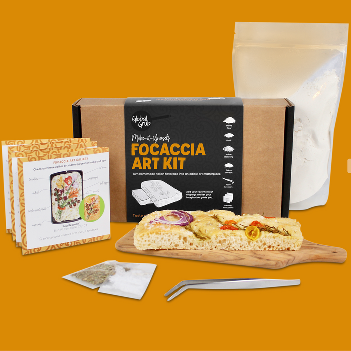 Focaccia Art Kit includes bread flour, spices, flakey sea salt, food tweezers, focaccia art INSPO and cooking instructions