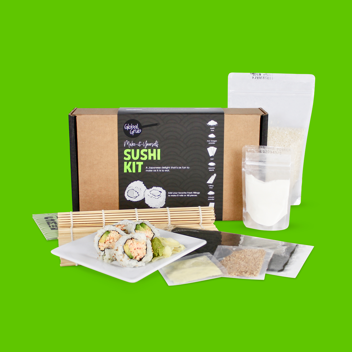 Sushi Kit includes sushi rice, rice vinegar powder, nori, sesame seeds, wasabi, instructions
